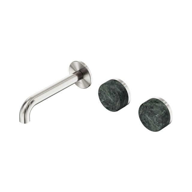 An image of Nero Tapware's Serenity Wall Basin Set 160mm Offset Spout With Verde Alpi Handle Brushed Nickel