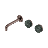An image of Nero Tapware's Serenity Wall Basin Set 160mm Offset Spout With Verde Alpi Handle Brushed Bronze