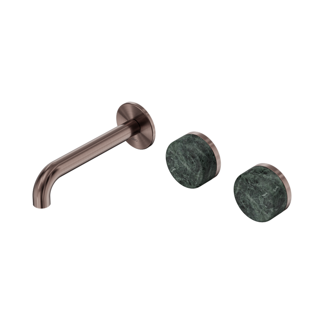 An image of Nero Tapware's Serenity Wall Basin Set 160mm Offset Spout With Verde Alpi Handle Brushed Bronze
