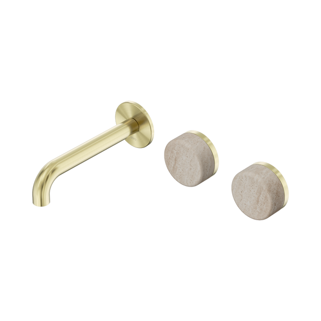 An image of Nero Tapware's Serenity Wall Basin Set 160mm Offset Spout With Rome Travertine Handle Brushed Gold