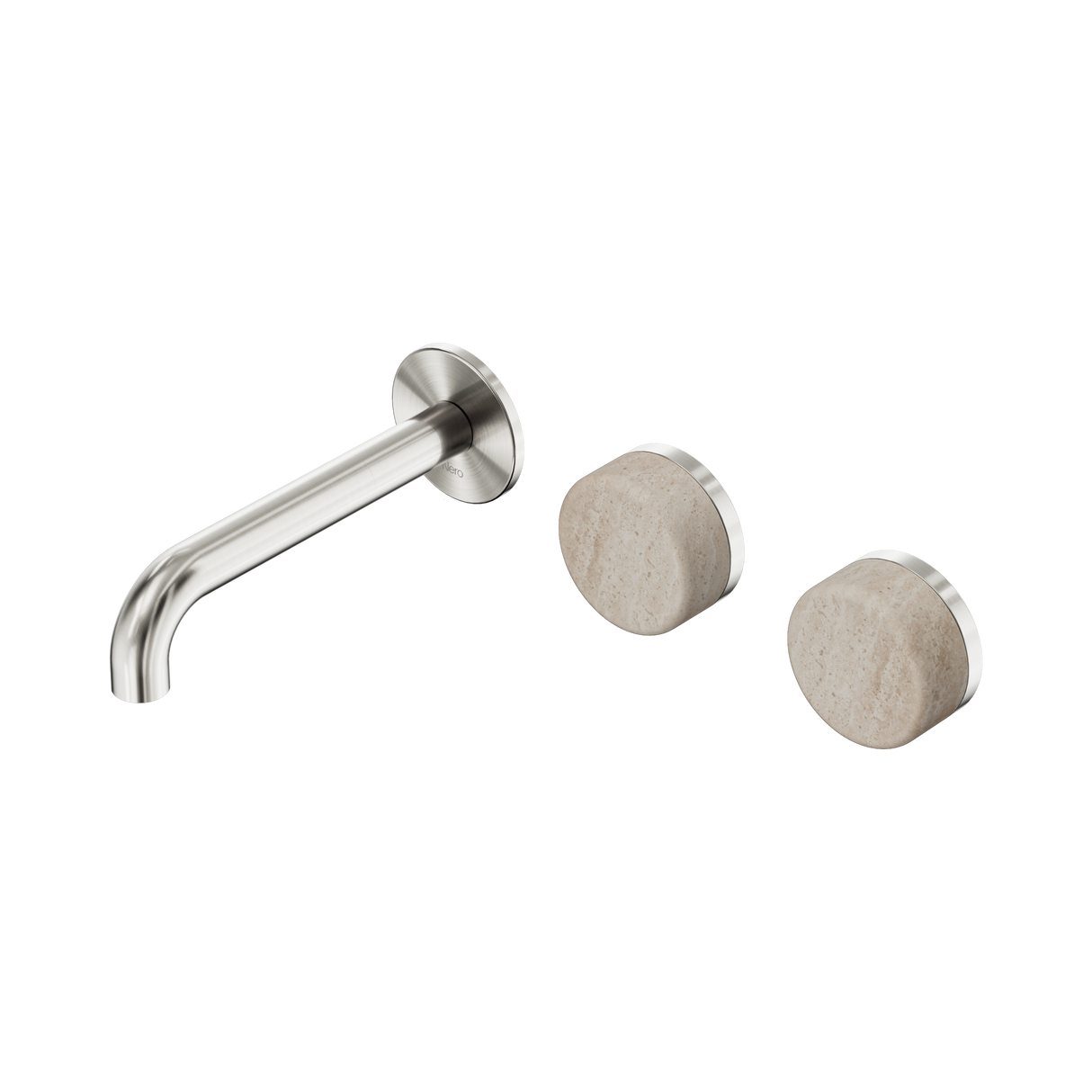 An image of Nero Tapware's Serenity Wall Basin Set 160mm Offset Spout With Rome Travertine Handle Brushed Nickel