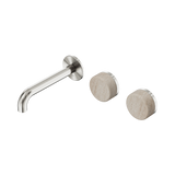 An image of Nero Tapware's Serenity Wall Basin Set 160mm Offset Spout With Rome Travertine Handle Brushed Nickel