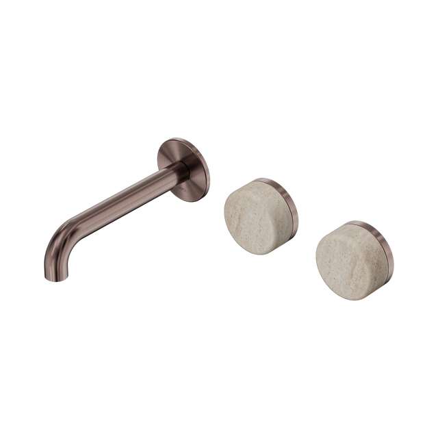 An image of Nero Tapware's Serenity Wall Basin Set 160mm Offset Spout With Rome Travertine Handle Brushed Bronze