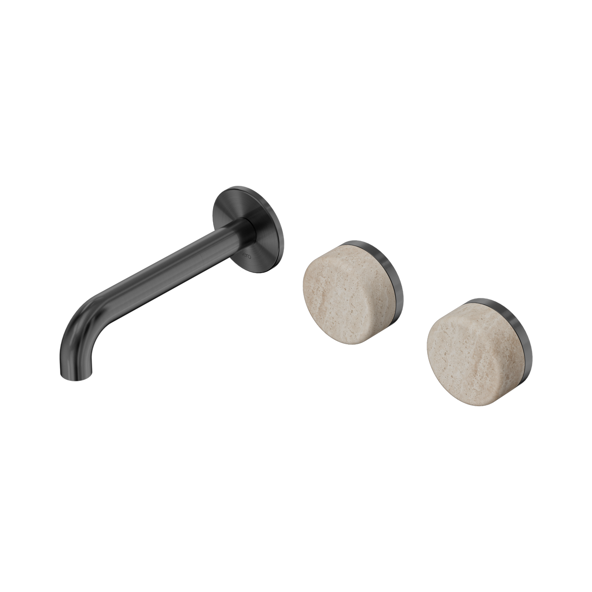 An image of Nero Tapware's Serenity Wall Basin Set 160mm Offset Spout With Rome Travertine Handle Gun Metal