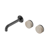 An image of Nero Tapware's Serenity Wall Basin Set 160mm Offset Spout With Rome Travertine Handle Gun Metal