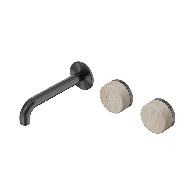 An image of Nero Tapware's Serenity Wall Basin Set 160mm Offset Spout With Rome Travertine Handle Gun Metal