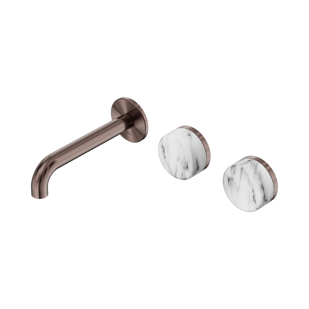 An image of Nero Tapware's Serenity Wall Basin Set 160mm Offset Spout With Arabescato Corchia Handle Brushed Bronze