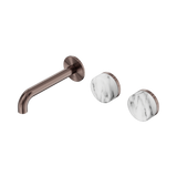 An image of Nero Tapware's Serenity Wall Basin Set 160mm Offset Spout With Arabescato Corchia Handle Brushed Bronze