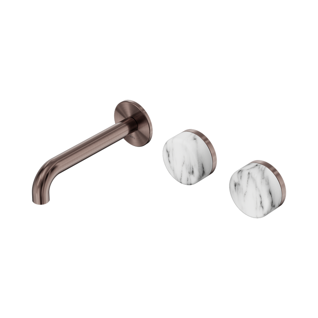 An image of Nero Tapware's Serenity Wall Basin Set 160mm Offset Spout With Arabescato Corchia Handle Brushed Bronze
