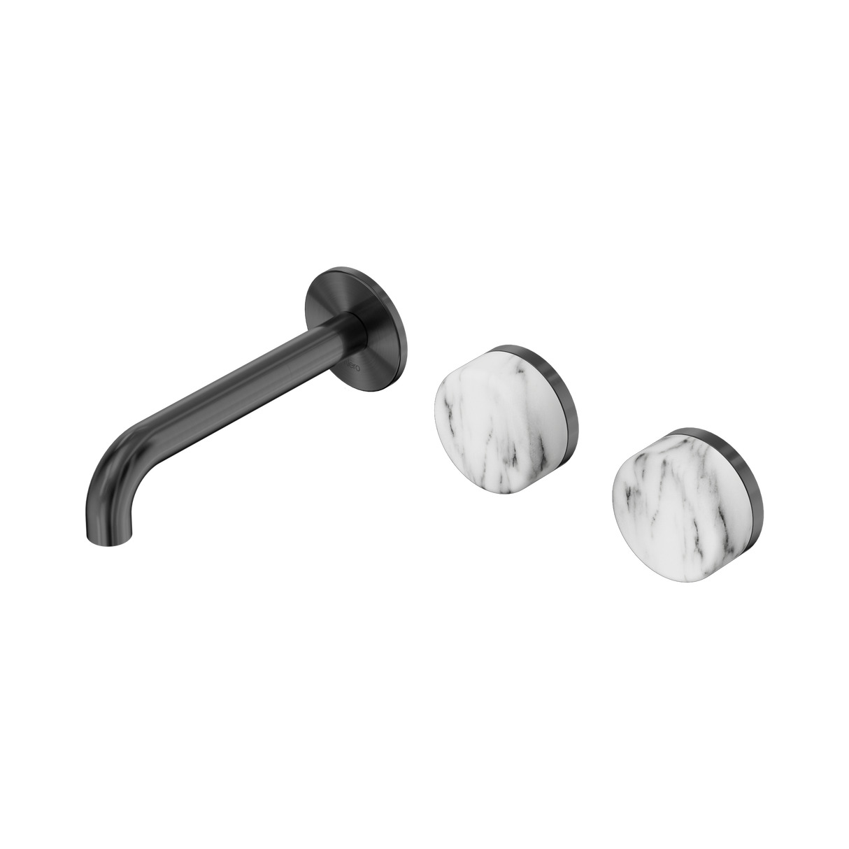 An image of Nero Tapware's Serenity Wall Basin Set 160mm Offset Spout With Arabescato Corchia Handle Gun Metal