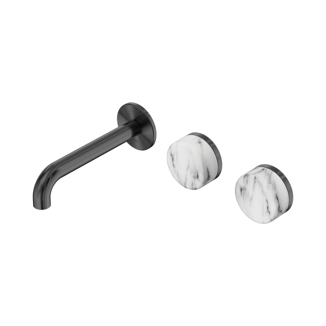 An image of Nero Tapware's Serenity Wall Basin Set 160mm Offset Spout With Arabescato Corchia Handle Gun Metal