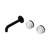 An image of Nero Tapware's Serenity Wall Basin Set 160mm Offset Spout With Arabescato Corchia Handle Matt Black