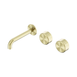 An image of Nero Tapware's Serenity Wall Basin Set 160mm Offset Spout With Metal Handle Brushed Gold