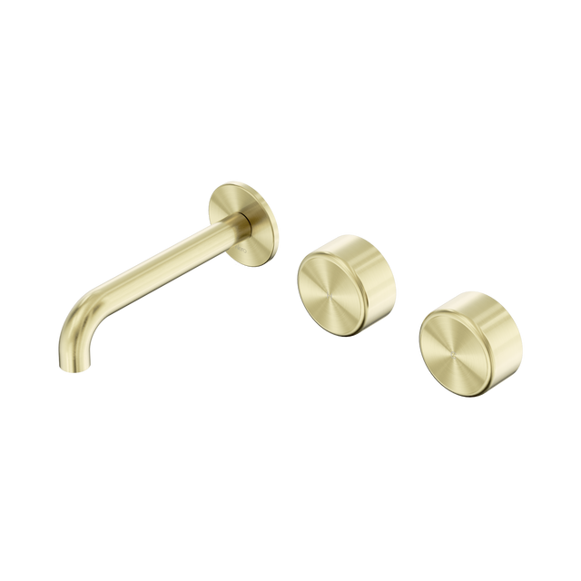 An image of Nero Tapware's Serenity Wall Basin Set 160mm Offset Spout With Metal Handle Brushed Gold