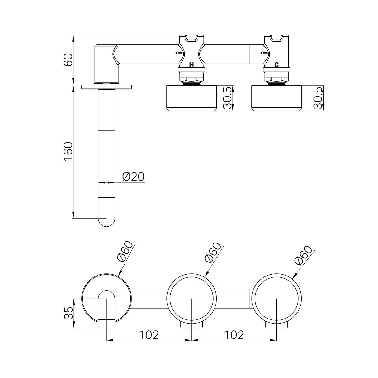 A line drawing of Nero Tapware's Serenity Wall Basin Set 160mm Offset Spout With Metal Handle Chrome