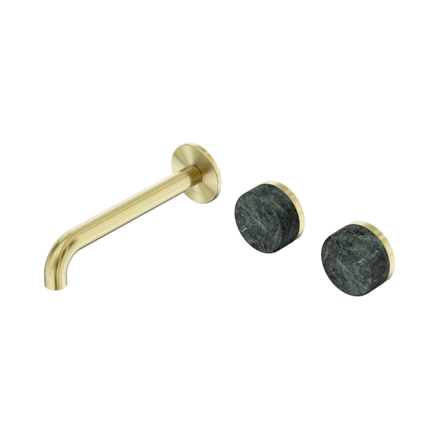 An image of Nero Tapware's Serenity Wall Basin Set 185mm Offset Spout With Verde Alpi Handle Brushed Gold