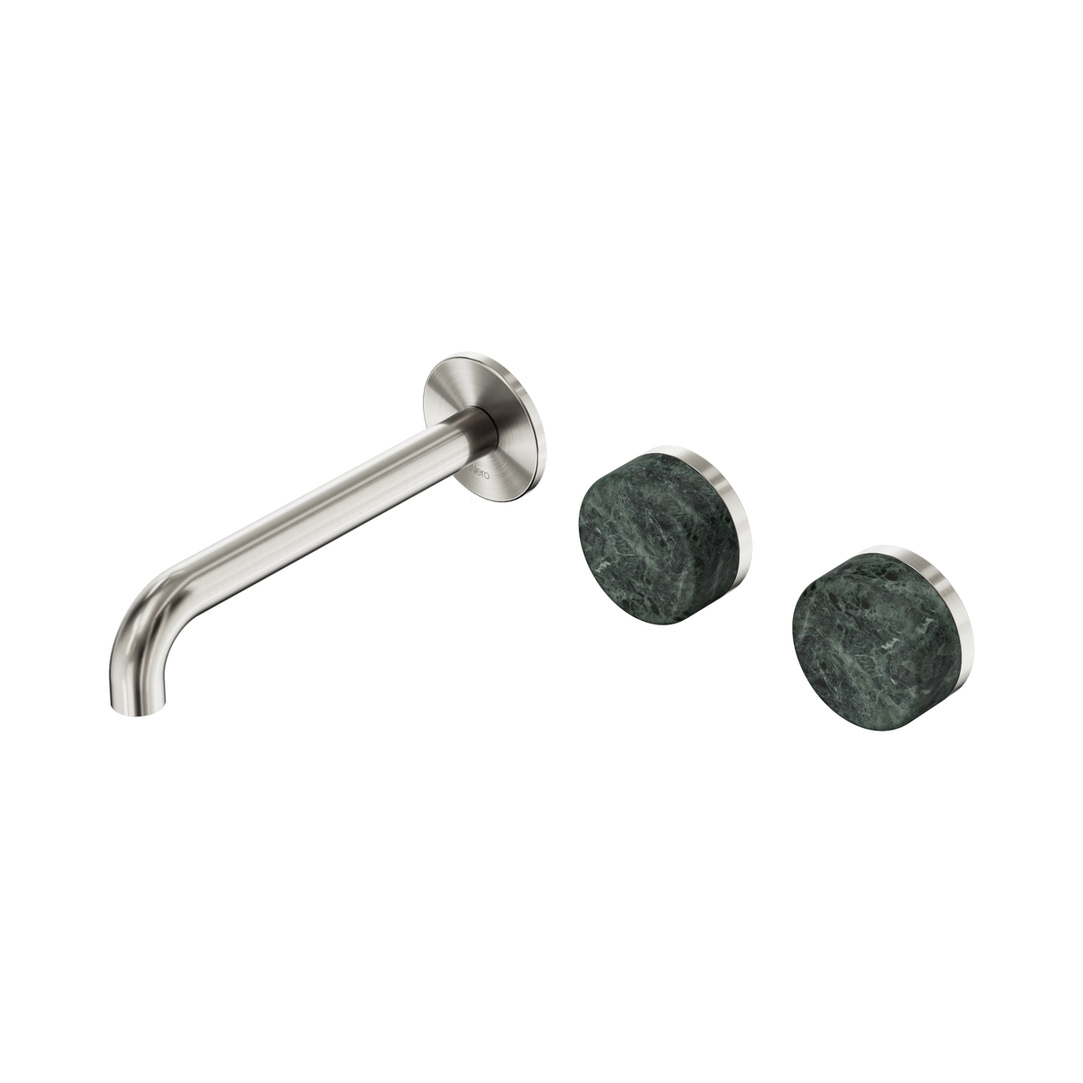 An image of Nero Tapware's Serenity Wall Basin Set 185mm Offset Spout With Verde Alpi Handle Brushed Nickel