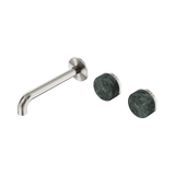 An image of Nero Tapware's Serenity Wall Basin Set 185mm Offset Spout With Verde Alpi Handle Brushed Nickel