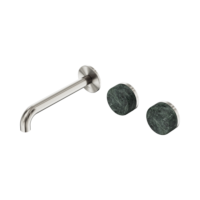 An image of Nero Tapware's Serenity Wall Basin Set 185mm Offset Spout With Verde Alpi Handle Brushed Nickel