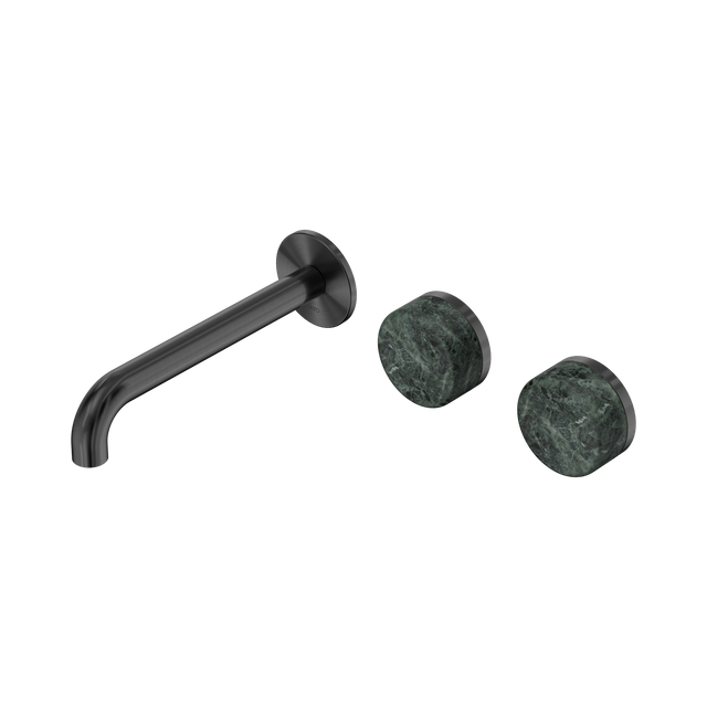 An image of Nero Tapware's Serenity Wall Basin Set 185mm Offset Spout With Verde Alpi Handle Gun Metal