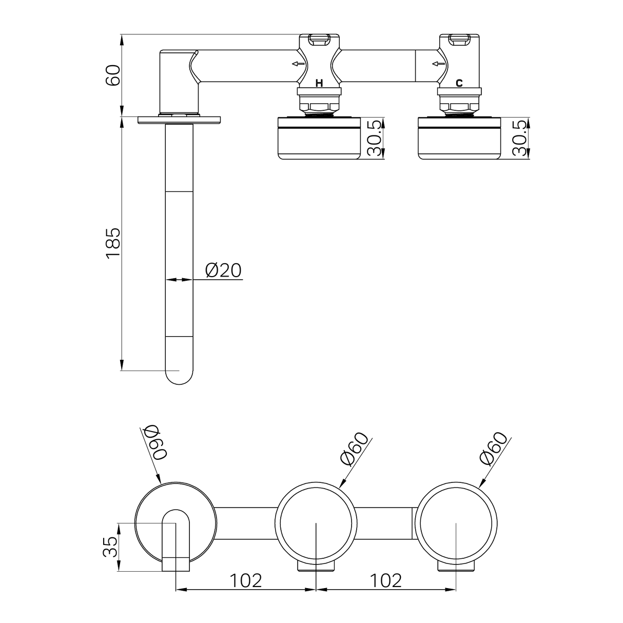 A line drawing of Nero Tapware's Serenity Wall Basin Set 185mm Offset Spout With Rome Travertine Handle Brushed Bronze