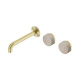 An image of Nero Tapware's Serenity Wall Basin Set 185mm Offset Spout With Rome Travertine Handle Brushed Gold