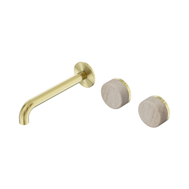 An image of Nero Tapware's Serenity Wall Basin Set 185mm Offset Spout With Rome Travertine Handle Brushed Gold
