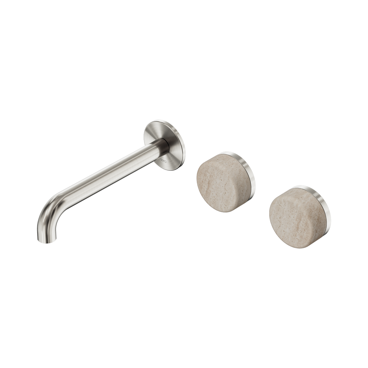 An image of Nero Tapware's Serenity Wall Basin Set 185mm Offset Spout With Rome Travertine Handle Brushed Nickel