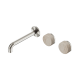 An image of Nero Tapware's Serenity Wall Basin Set 185mm Offset Spout With Rome Travertine Handle Brushed Nickel