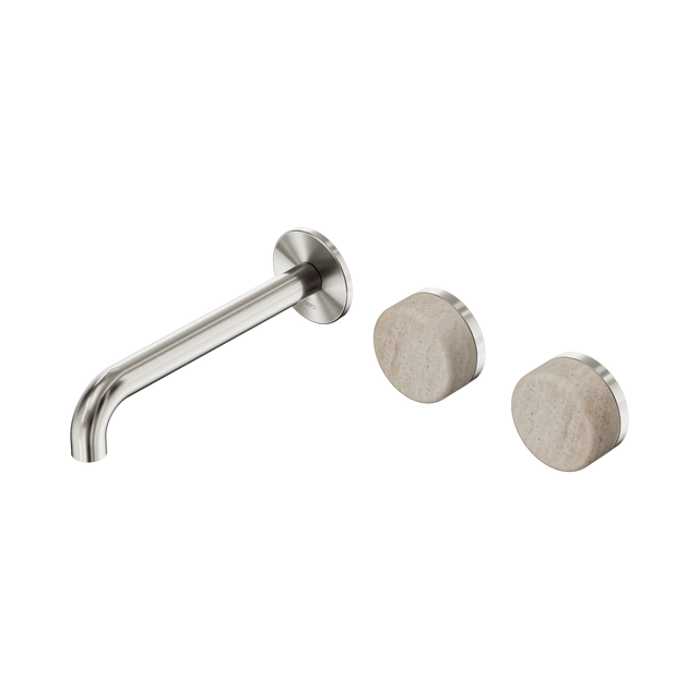 An image of Nero Tapware's Serenity Wall Basin Set 185mm Offset Spout With Rome Travertine Handle Brushed Nickel