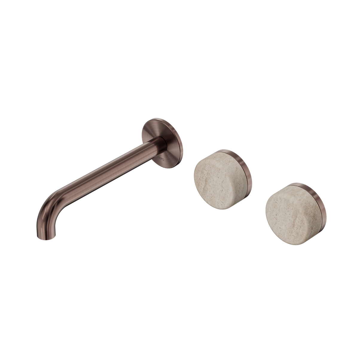 An image of Nero Tapware's Serenity Wall Basin Set 185mm Offset Spout With Rome Travertine Handle Brushed Bronze
