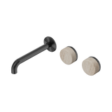 An image of Nero Tapware's Serenity Wall Basin Set 185mm Offset Spout With Rome Travertine Handle Gun Metal