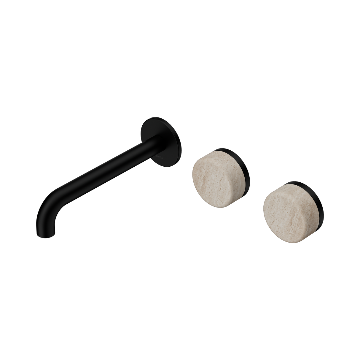 An image of Nero Tapware's Serenity Wall Basin Set 185mm Offset Spout With Rome Travertine Handle Matt Black