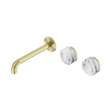 An image of Nero Tapware's Serenity Wall Basin Set 185mm Offset Spout With Arabescato Corchia Handle Brushed Gold