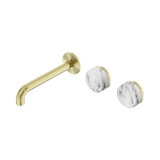 An image of Nero Tapware's Serenity Wall Basin Set 185mm Offset Spout With Arabescato Corchia Handle Brushed Gold
