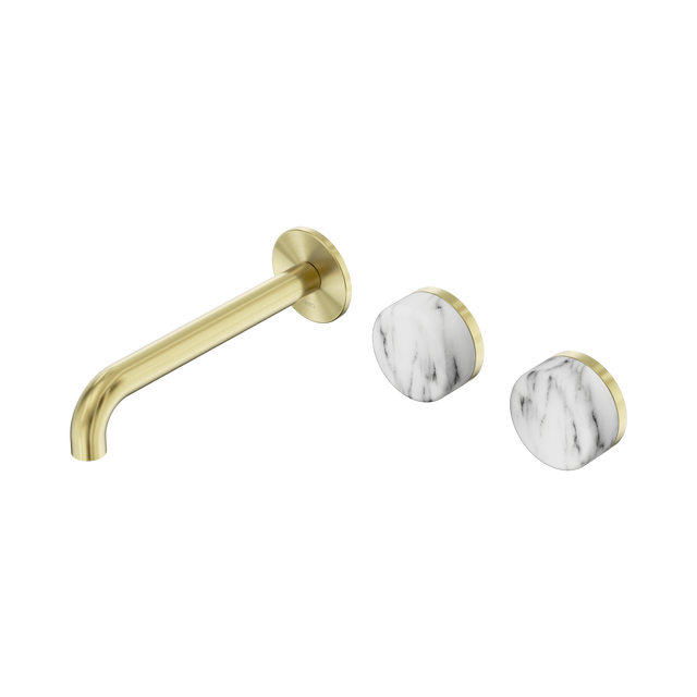 An image of Nero Tapware's Serenity Wall Basin Set 185mm Offset Spout With Arabescato Corchia Handle Brushed Gold