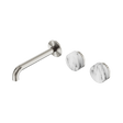 An image of Nero Tapware's Serenity Wall Basin Set 185mm Offset Spout With Arabescato Corchia Handle Brushed Nickel