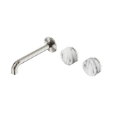 An image of Nero Tapware's Serenity Wall Basin Set 185mm Offset Spout With Arabescato Corchia Handle Brushed Nickel