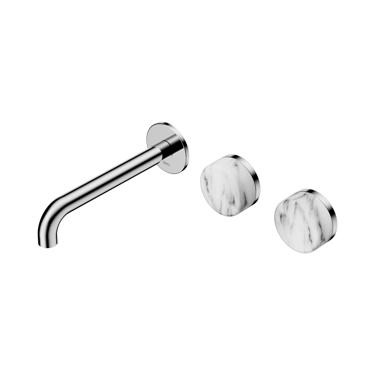 An image of Nero Tapware's Serenity Wall Basin Set 185mm Offset Spout With Arabescato Corchia Handle Chrome