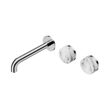 An image of Nero Tapware's Serenity Wall Basin Set 185mm Offset Spout With Arabescato Corchia Handle Chrome