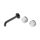 An image of Nero Tapware's Serenity Wall Basin Set 185mm Offset Spout With Arabescato Corchia Handle Gun Metal