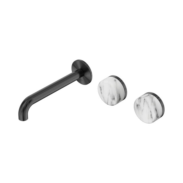 An image of Nero Tapware's Serenity Wall Basin Set 185mm Offset Spout With Arabescato Corchia Handle Gun Metal