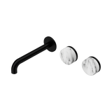 An image of Nero Tapware's Serenity Wall Basin Set 185mm Offset Spout With Arabescato Corchia Handle Matt Black