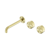 An image of Nero Tapware's Serenity Wall Basin Set 185mm Offset Spout With Metal Handle Brushed Gold