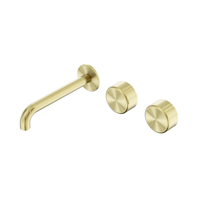 An image of Nero Tapware's Serenity Wall Basin Set 185mm Offset Spout With Metal Handle Brushed Gold