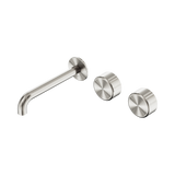 An image of Nero Tapware's Serenity Wall Basin Set 185mm Offset Spout With Metal Handle Brushed Nickel