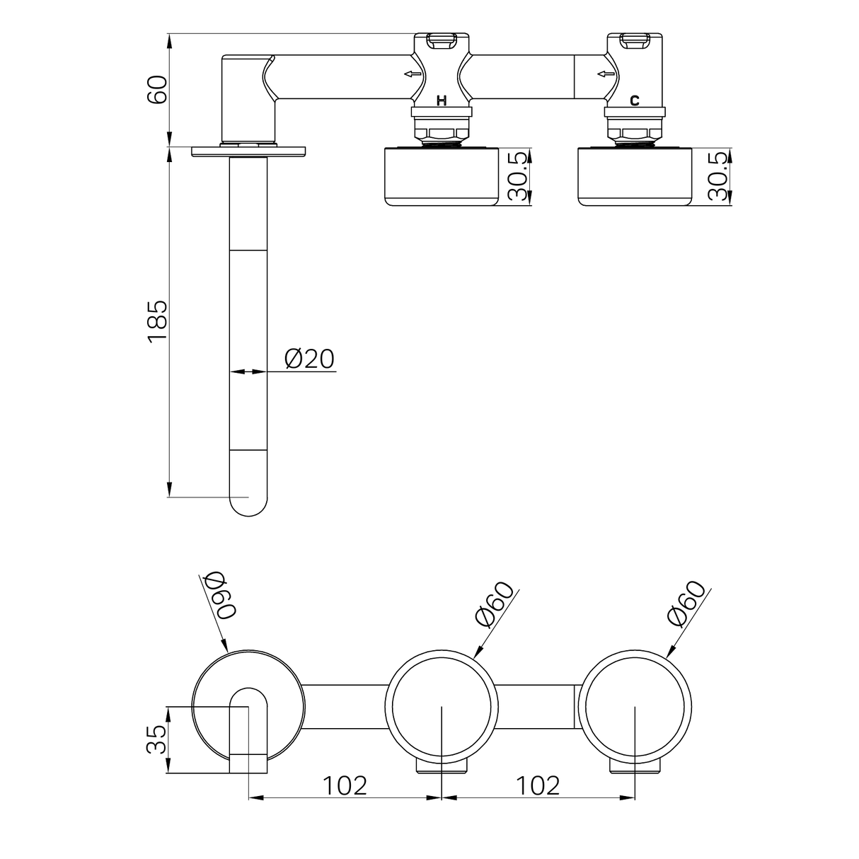 A line drawing of Nero Tapware's Serenity Wall Basin Set 185mm Offset Spout With Metal Handle Chrome