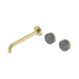 An image of Nero Tapware's Serenity Wall Basin Set 220mm Offset Spout With Carrara Handle Brushed Gold