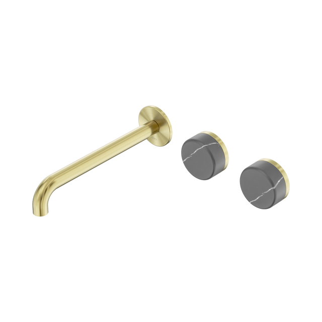 An image of Nero Tapware's Serenity Wall Basin Set 220mm Offset Spout With Carrara Handle Brushed Gold