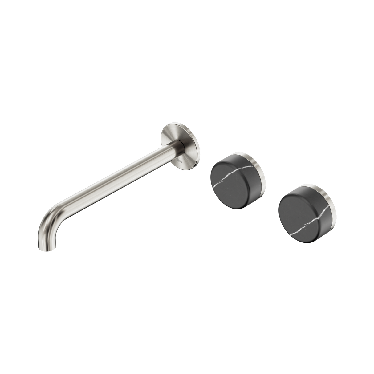 An image of Nero Tapware's Serenity Wall Basin Set 220mm Offset Spout With Carrara Handle Brushed Nickel